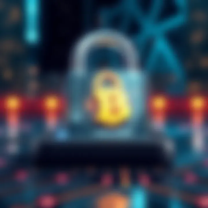 An illustration showcasing the Trezor 5 wallet with a digital lock symbolizing passphrase security for Bitcoin transactions.