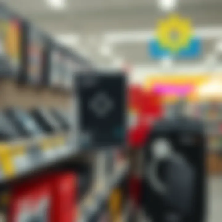 A Trezor One cryptocurrency wallet displayed on a Walmart shelf with a price tag of 10 USD, surrounded by other tech gadgets.