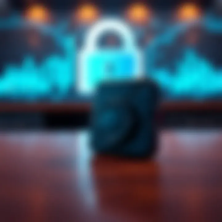 Trezor Safe 5 hardware wallet displayed on a table with a secure lock symbol in the background