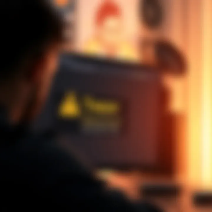 A computer screen showing a warning message about Trezor scam and unauthorized updates, with a concerned person in the background.