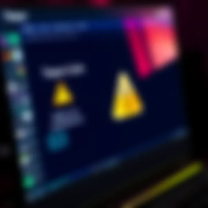 A close-up of a computer screen displaying Trezor Suite's interface with a warning symbol indicating security concerns.