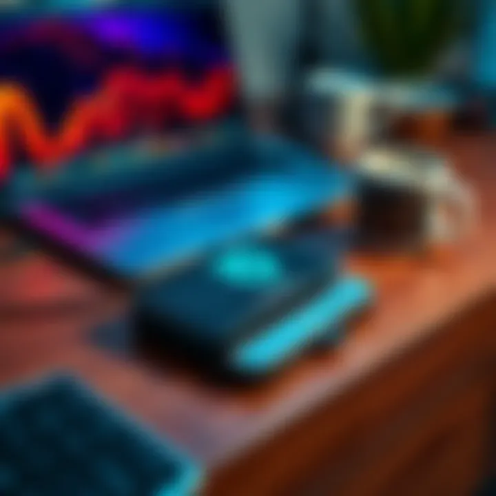 A Trezor wallet displayed on a wooden desk with a laptop and a coffee mug in the background