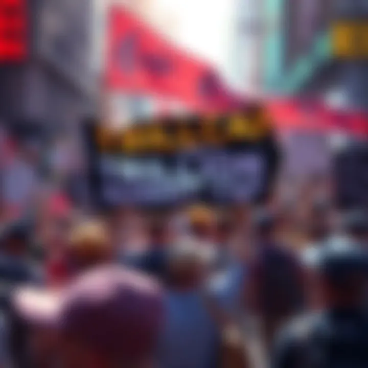 A group of diverse people holding banners and signs, rallying for a trillion market cap in the crypto industry, with a positive atmosphere and energy.