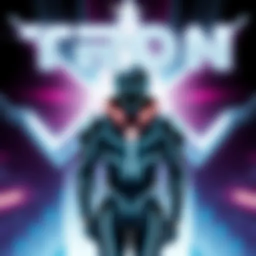 Tron Ares poster featuring the main character in a high-tech suit with glowing elements, set against a futuristic backdrop.