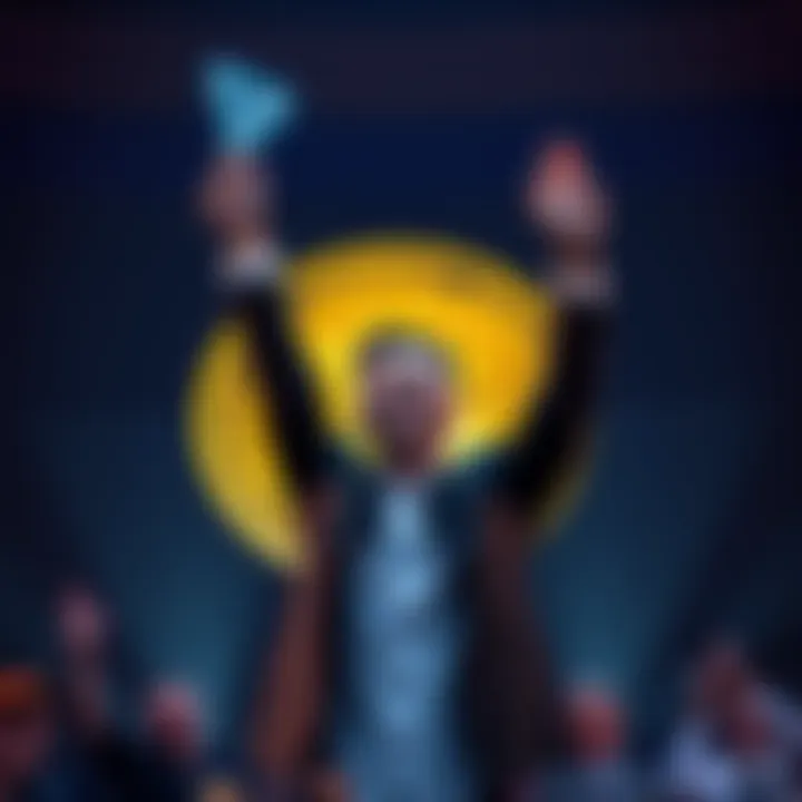 Tron founder Justin Sun celebrates a court win against the SEC, with Bitcoin logo fading in the background.