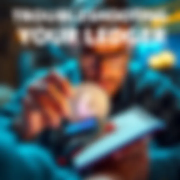 A person examining a Ledger device that won't turn on, with a confused expression, surrounded by troubleshooting tips on a notepad.