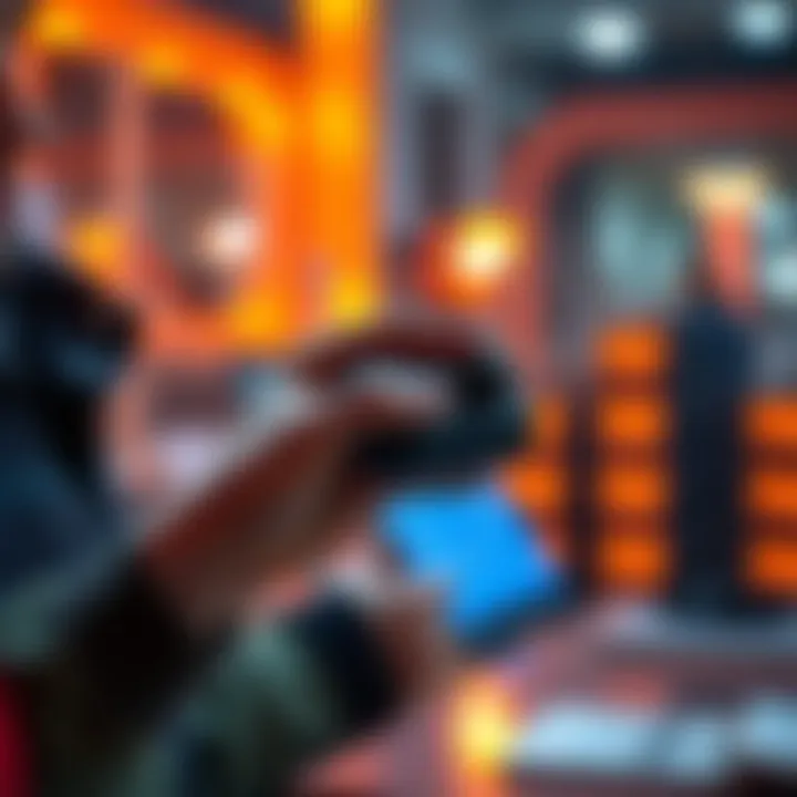 A person holding a Titian Mini device with a tool in hand, looking at the screen for troubleshooting