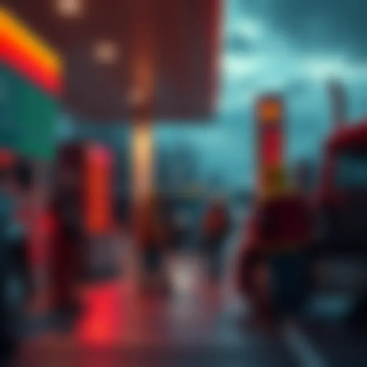 A group of truckers discussing rising fuel costs while parked at a fuel station, with fuel prices displayed prominently.