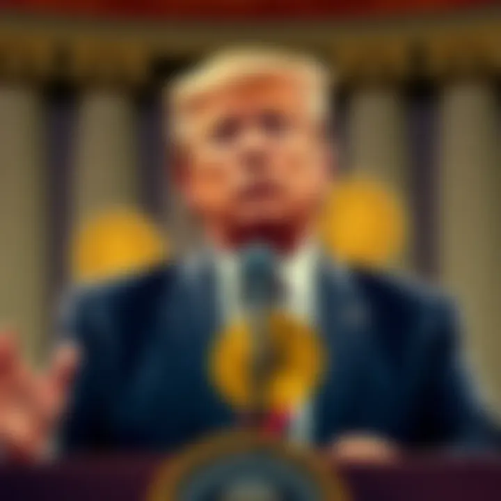 President Trump making a speech in front of the Senate about the CLARITY Act while Bitcoin and Ethereum symbols are displayed