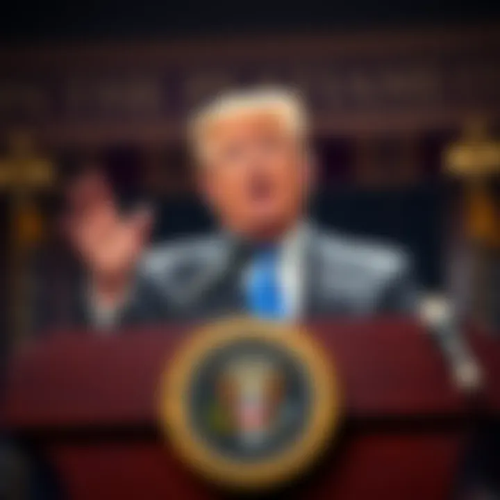 President Trump speaking at a podium, expressing discontent over interest rate hikes by the Federal Reserve.