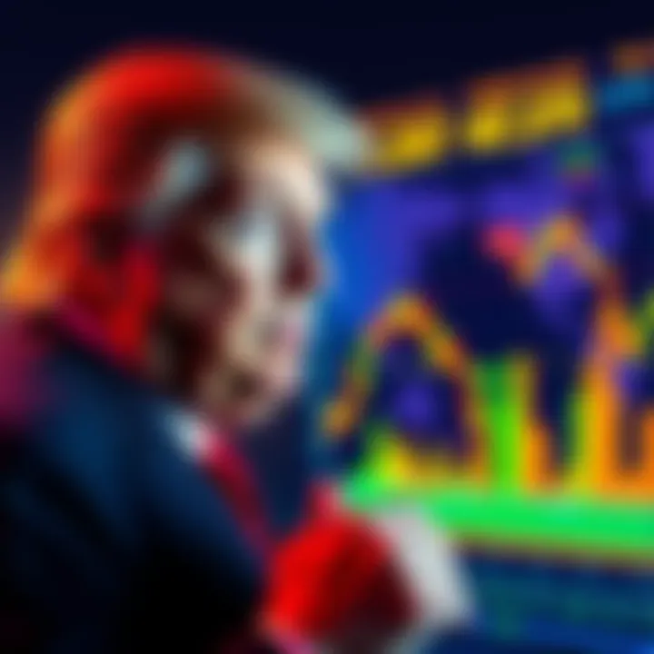 Former President Donald Trump looking at a chart showing declining WLFI cryptocurrency values, expressing concern about his investments.