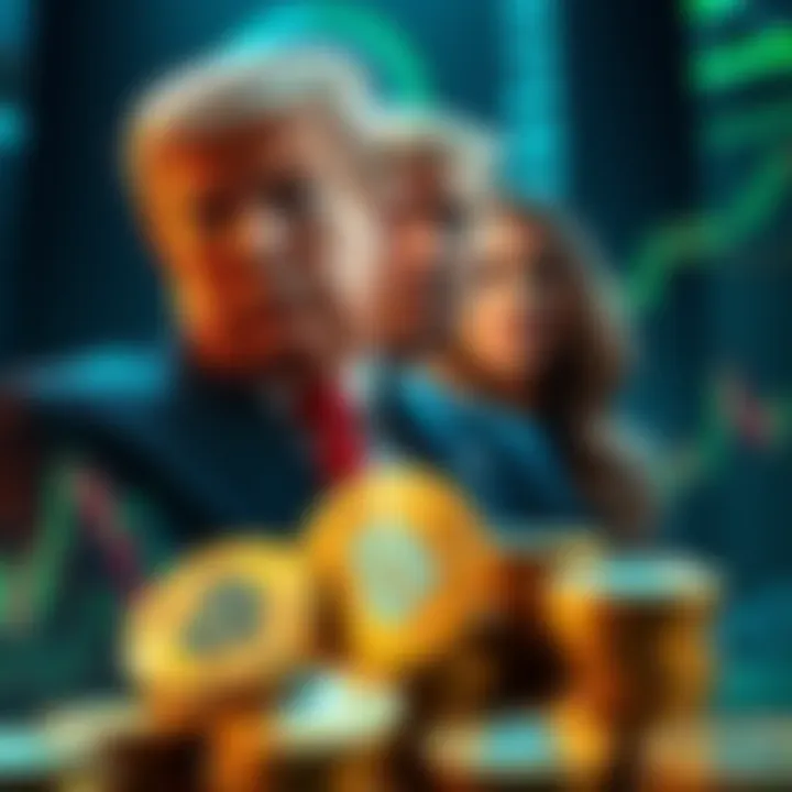 The Trump family is under investigation for alleged manipulation in the cryptocurrency market, with charts and coins in the foreground representing the digital currency.