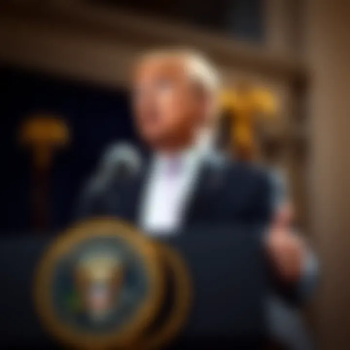 President Trump speaking at a podium announcing new Fed chair plans and interest rate cuts.