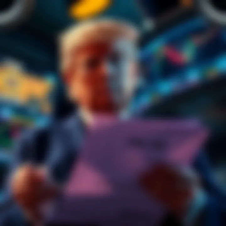 President Trump with a worried expression, holding a document about the Federal Reserve, as traders watch market charts on screens.