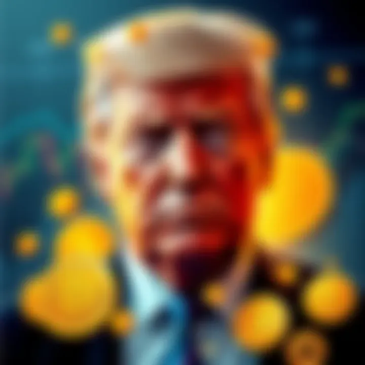 Former President Donald Trump with a concerned expression, surrounded by financial charts and cryptocurrency symbols, representing the lawsuit regarding his foreign crypto dealings.