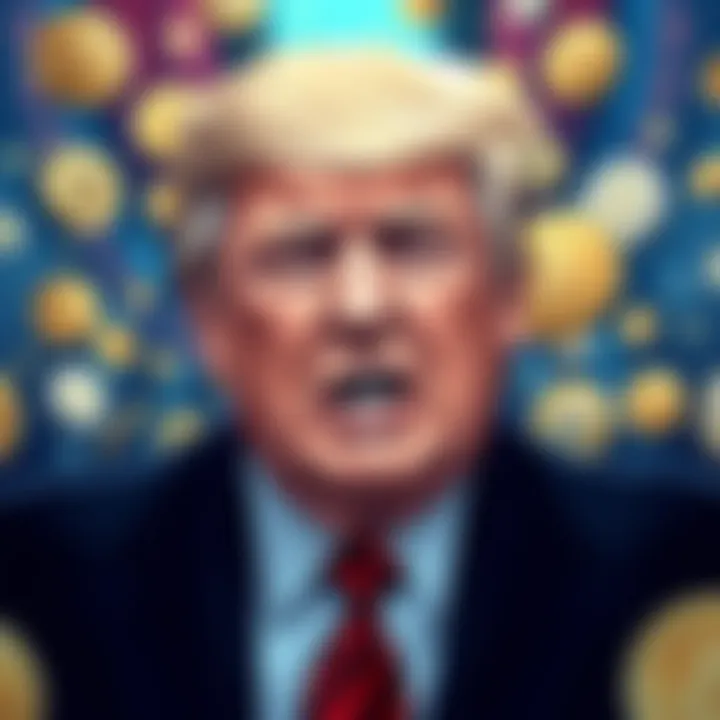 An illustration depicting the intersection of politics and cryptocurrency, featuring a stylized representation of Donald Trump amidst meme coin graphics.