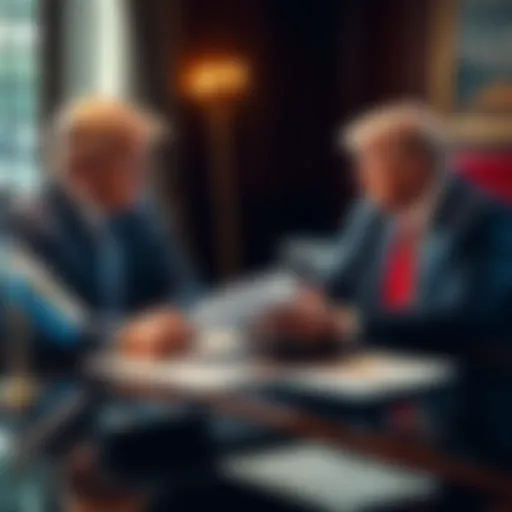 Donald Trump and Javier Milei in a meeting about Argentina's economy, with financial documents on the table