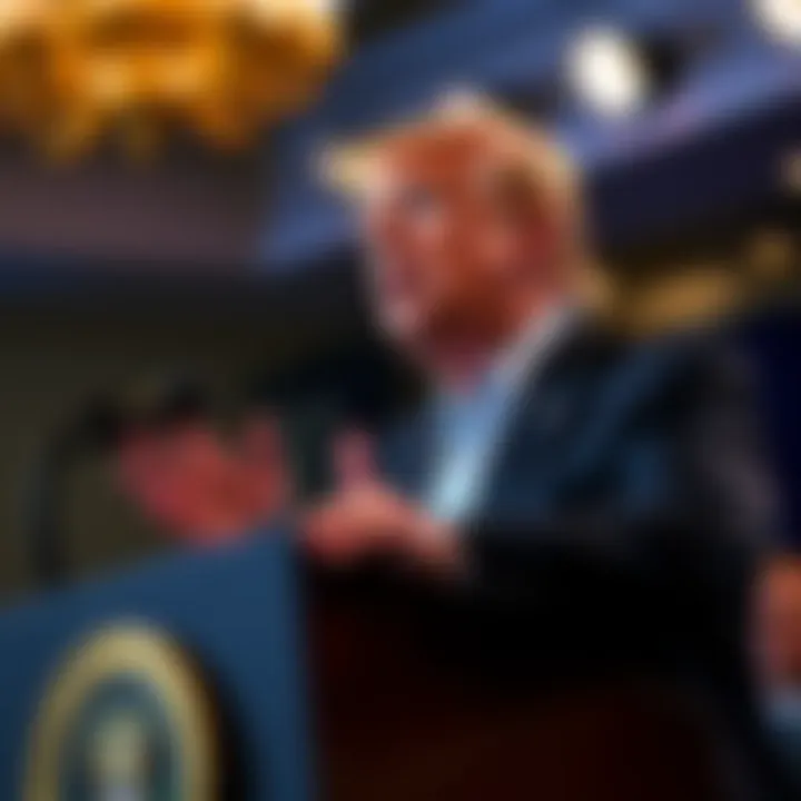 Former President Trump at a podium addressing an audience, with a focus on his gestures and expressions as he discusses economic issues.