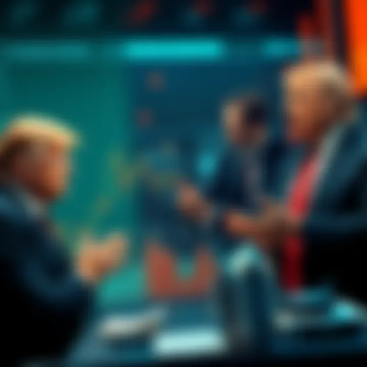 A graph showing fluctuating market trends alongside images of President Trump and financial analysts debating fiscal policies