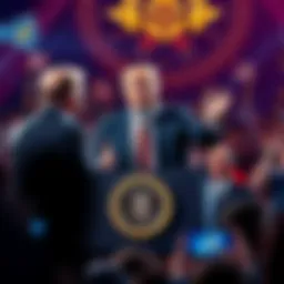 President Trump standing at a podium, expressing support for the cryptocurrency industry to a crowd of enthusiastic supporters.
