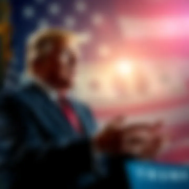 President Trump discusses potential tax cuts with a backdrop of dollar bills and an American flag