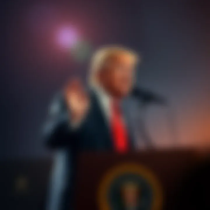 President Donald Trump speaking at a podium about XRP developments