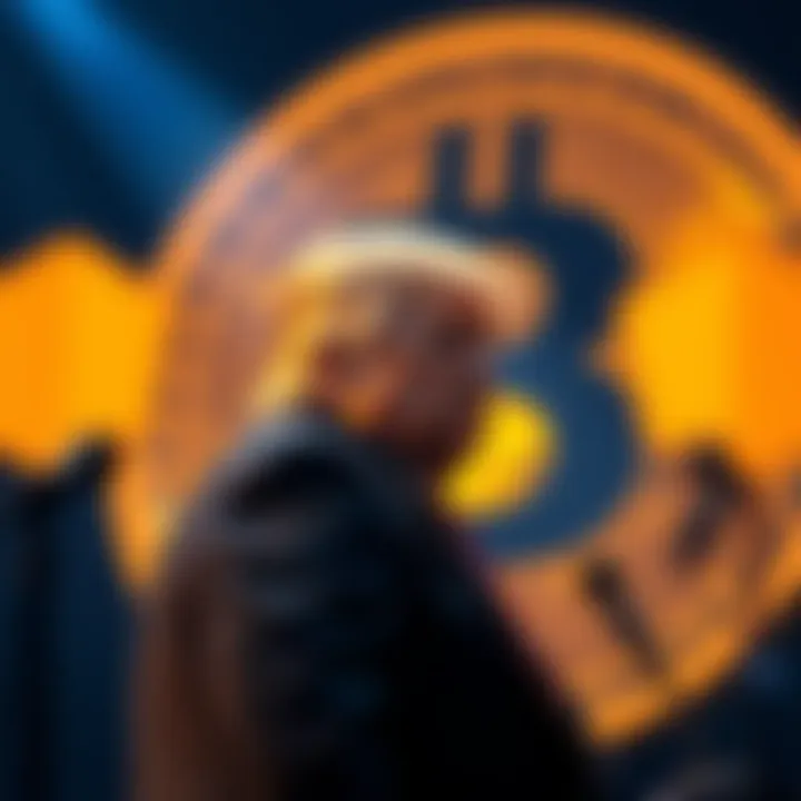Former President Donald Trump standing with a Bitcoin symbol in the background, suggesting his connection to cryptocurrency.