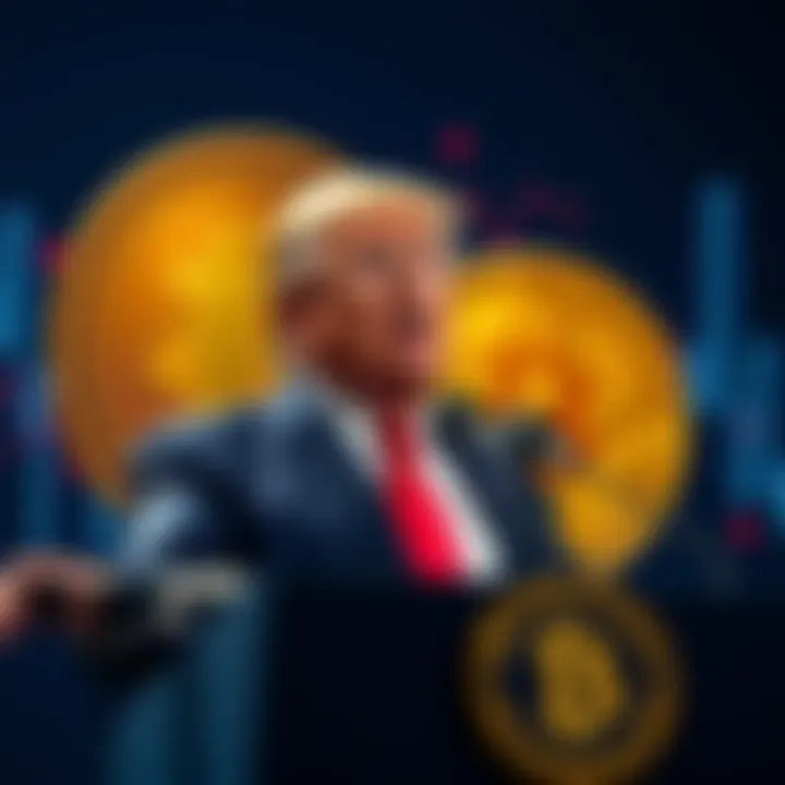 Trump and Bitcoin Donald Trump speaking at a podium with Bitcoin graphics in the background, symbolizing crypto policies.