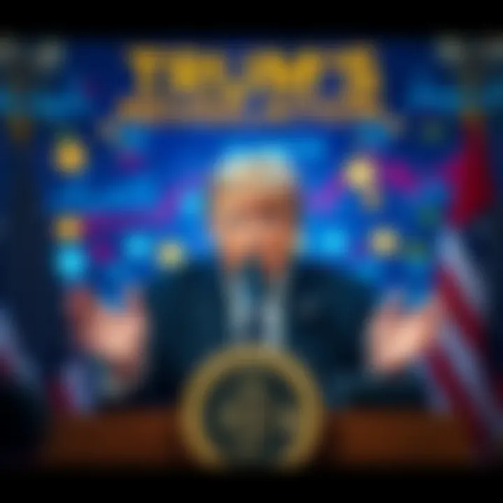 President Trump announcing U.S. Bitcoin reserves with a backdrop of financial data and cryptocurrency symbols.