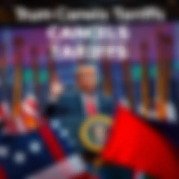 President Trump announcing the cancellation of tariffs at a press conference, with a backdrop of American flags and financial charts indicating market shifts.