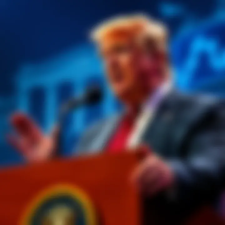 Former President Trump speaking at a podium, expressing concerns about banks blocking cryptocurrency legislation, with a backdrop of financial themes.