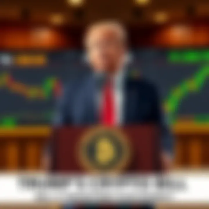 President Trump stands at a podium discussing his new cryptocurrency bill, while charts showing Bitcoin prices are displayed on a screen behind him.