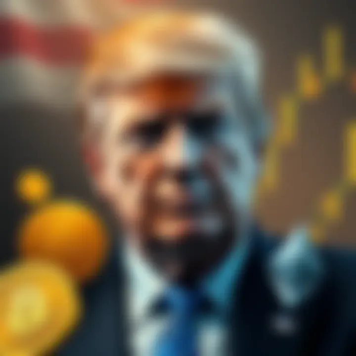 A graphic showing Donald Trump with cryptocurrencies like Bitcoin and Ethereum, representing the impact of his presidency on the crypto market and contrasting it with past leaders, featuring charts an...