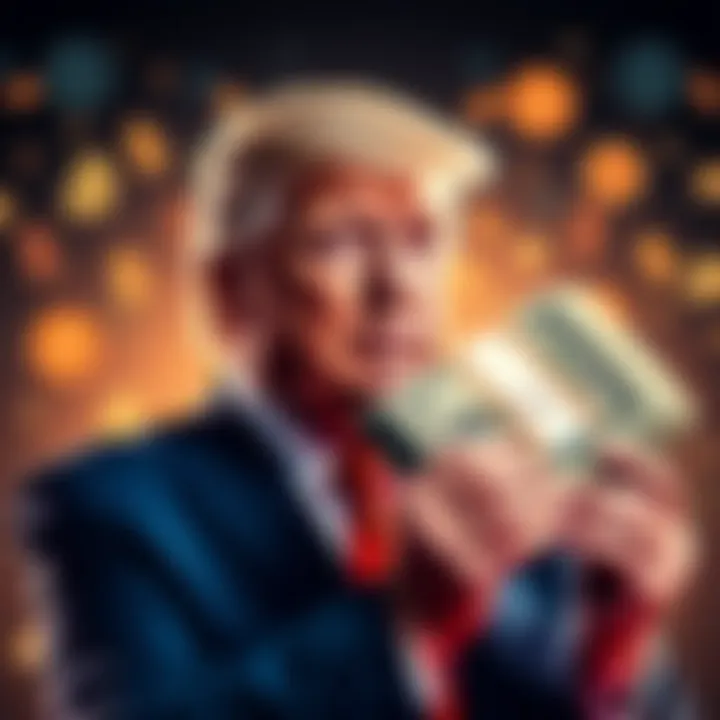 Trump with Crypto Earnings President Trump holding a large stack of dollar bills with cryptocurrency symbols in the background