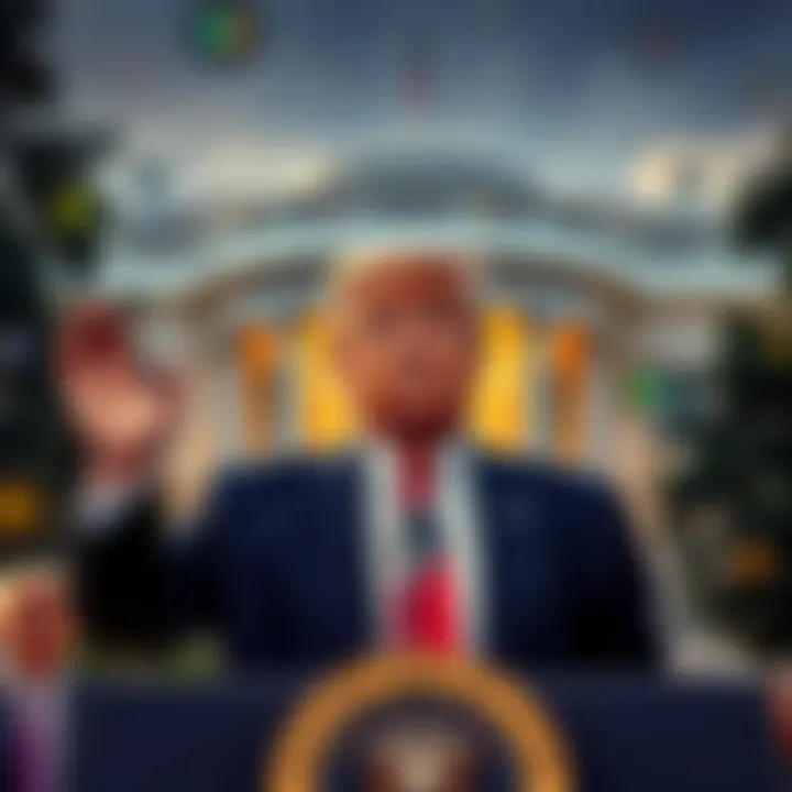 Former President Donald Trump announcing a new cryptocurrency ETF from the White House, with financial symbols in the background
