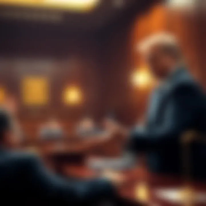 A courtroom scene with a lawyer presenting a case against a cryptocurrency project tied to Trump, highlighting the tension of a fraud lawsuit.