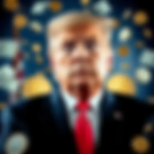 President Trump thinking about injecting funds into the cryptocurrency market, with dollar bills and crypto coins surrounding him