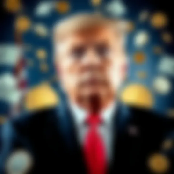 President Trump thinking about injecting funds into the cryptocurrency market, with dollar bills and crypto coins surrounding him