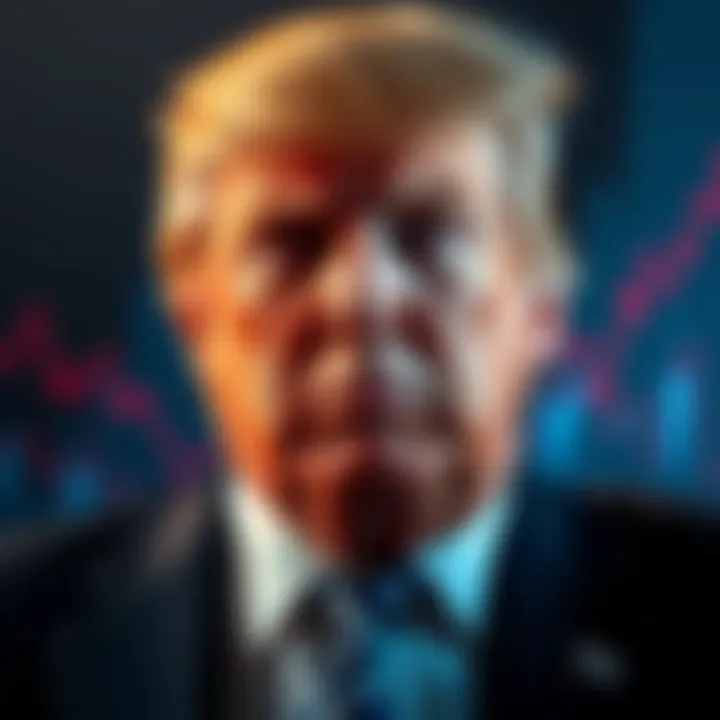Donald Trump with a symbolic representation of cryptocurrency, showing coins and charts, reflecting his influence on the market.