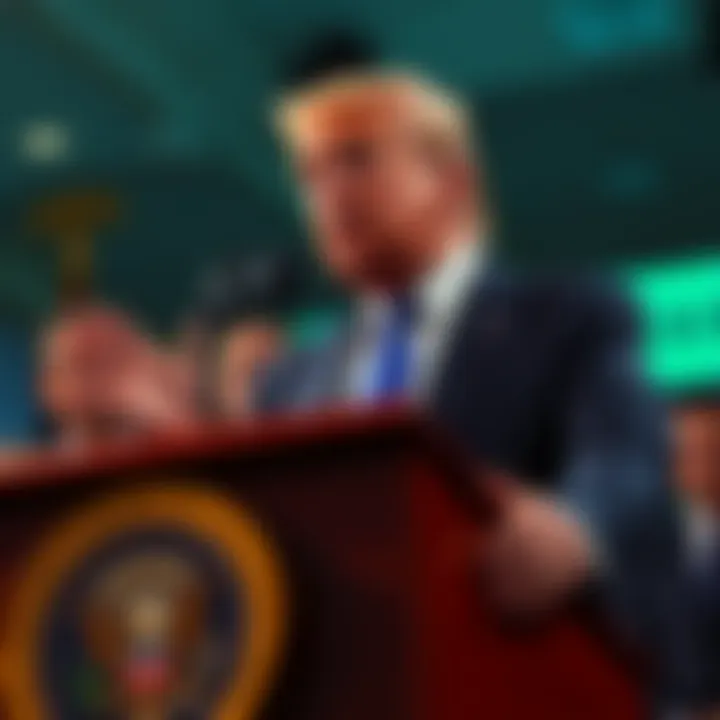 Former President Trump addressing the crowd, expressing concerns about banks and cryptocurrency legislation.