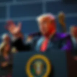 Former President Trump speaking at a podium about cryptocurrency regulations while concerned people watch