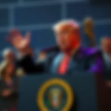 Former President Trump speaking at a podium about cryptocurrency regulations while concerned people watch