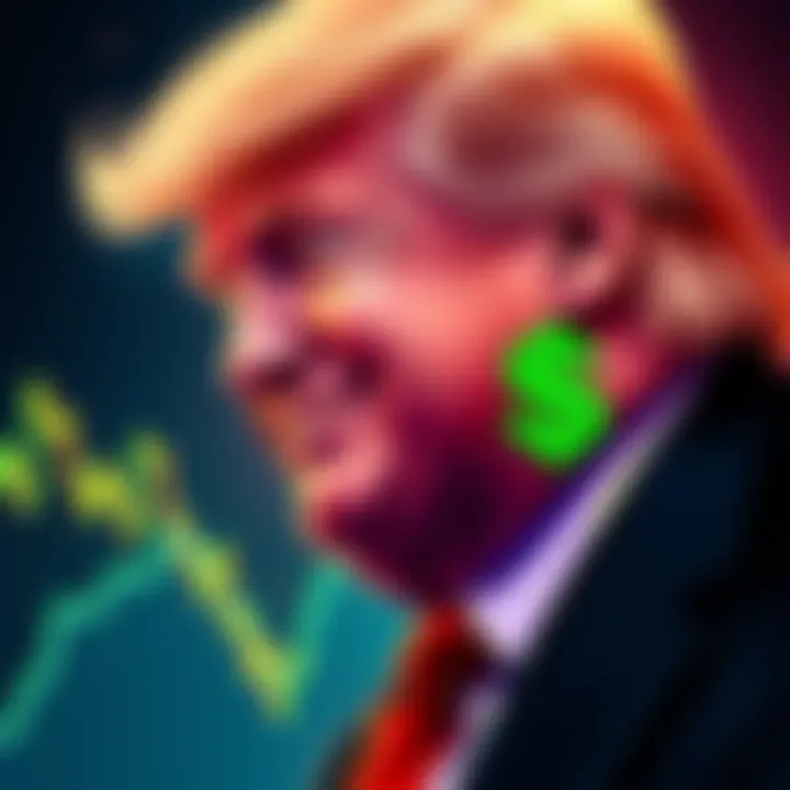 Trump makes big profit from crypto Trump smiling with a dollar sign graphic, contrasting with sad investors looking at falling crypto charts