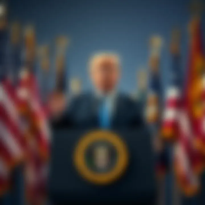 President Trump speaking at a podium about foreign cryptocurrency scams affecting Americans, surrounded by flags.