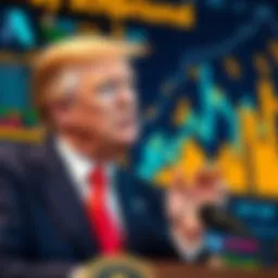 Former President Trump gives a speech about protecting cryptocurrencies against regulations, set against a digital background representing crypto and financial markets.