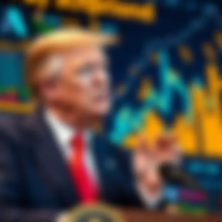 Former President Trump gives a speech about protecting cryptocurrencies against regulations, set against a digital background representing crypto and financial markets.