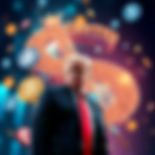 Donald Trump standing next to a large digital dollar sign with cryptocurrency logos around him, symbolizing his crypto empire.