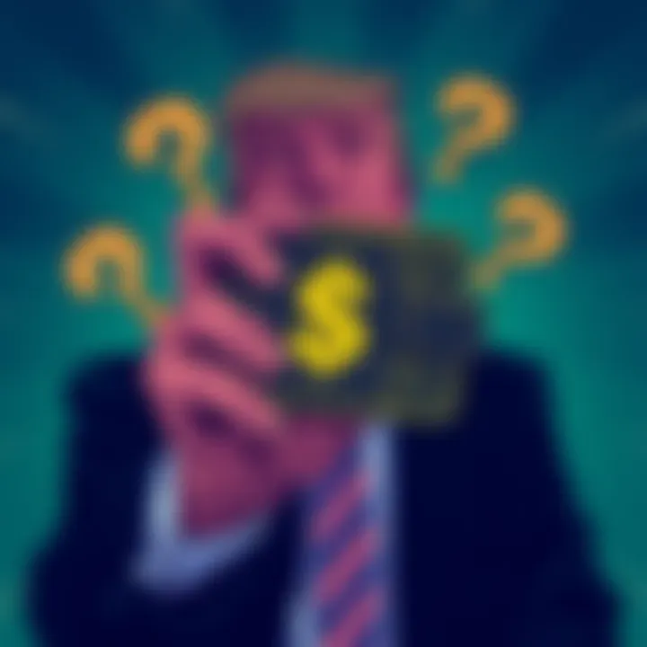 Illustration of a person holding a digital wallet with a dollar sign, surrounded by question marks to symbolize controversy around Trump's crypto wallet and the CLARITY Act.