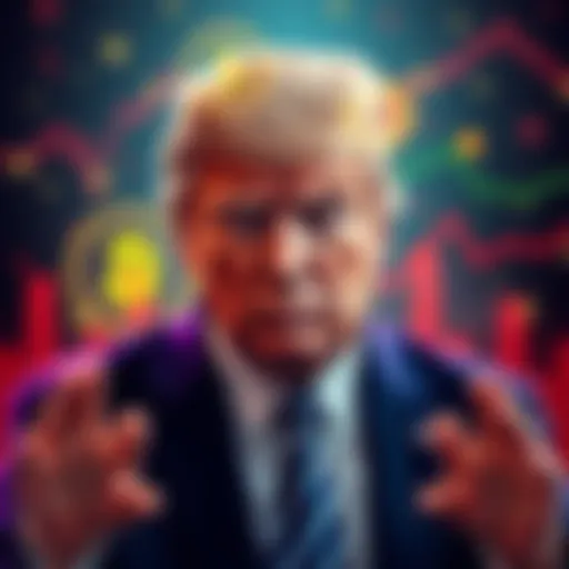 President Trump with cryptocurrency symbols and charts behind him