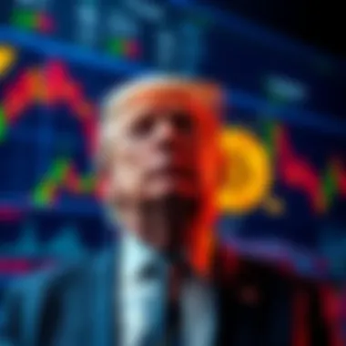 Trump and Cryptocurrency Former President Trump standing in front of a digital currency chart with headlines about market manipulation
